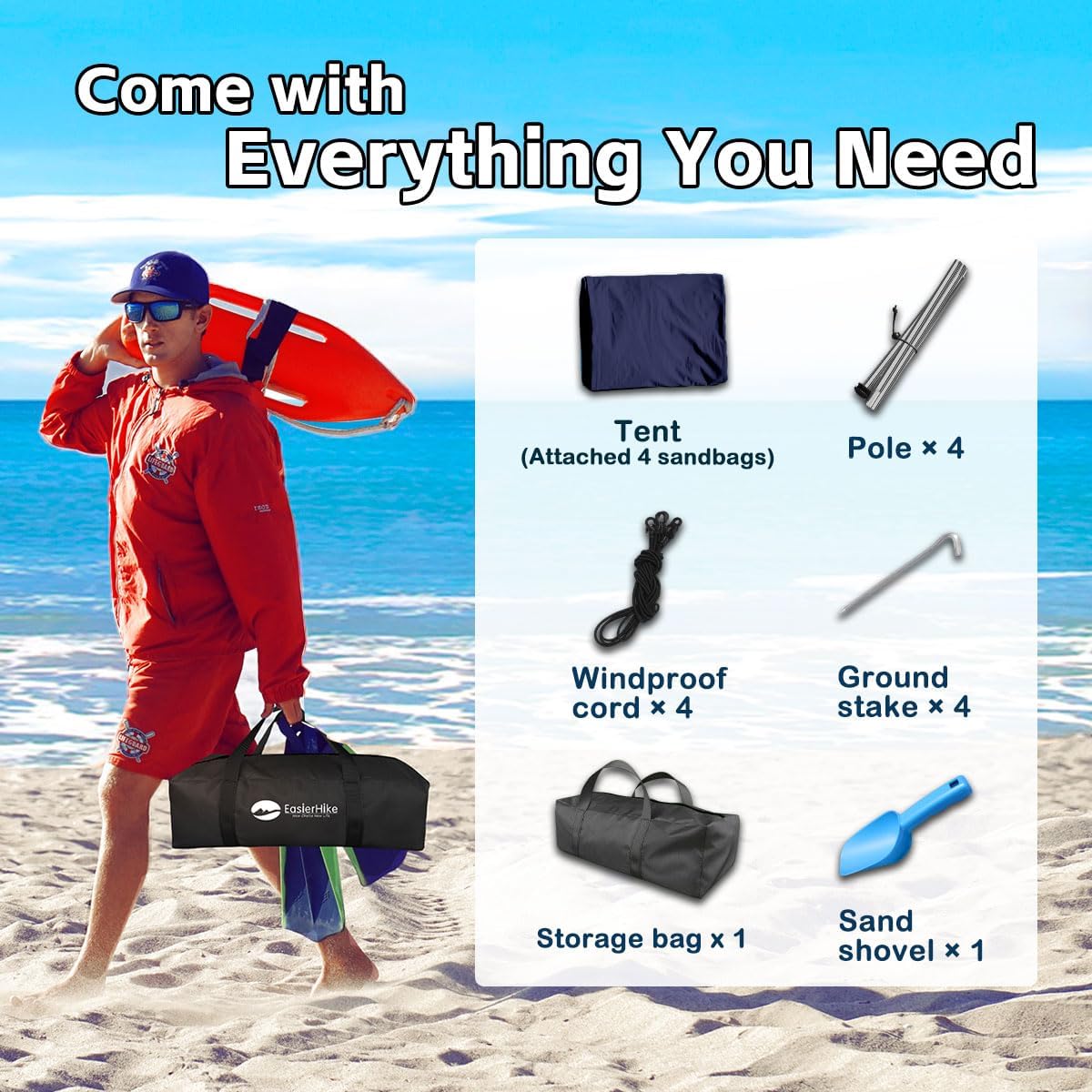 EasierHike sandbags anchor the tent for reliable stability on windy shorelines.