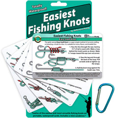 Pocket-sized waterproof knot guide card showing 12 fishing knots