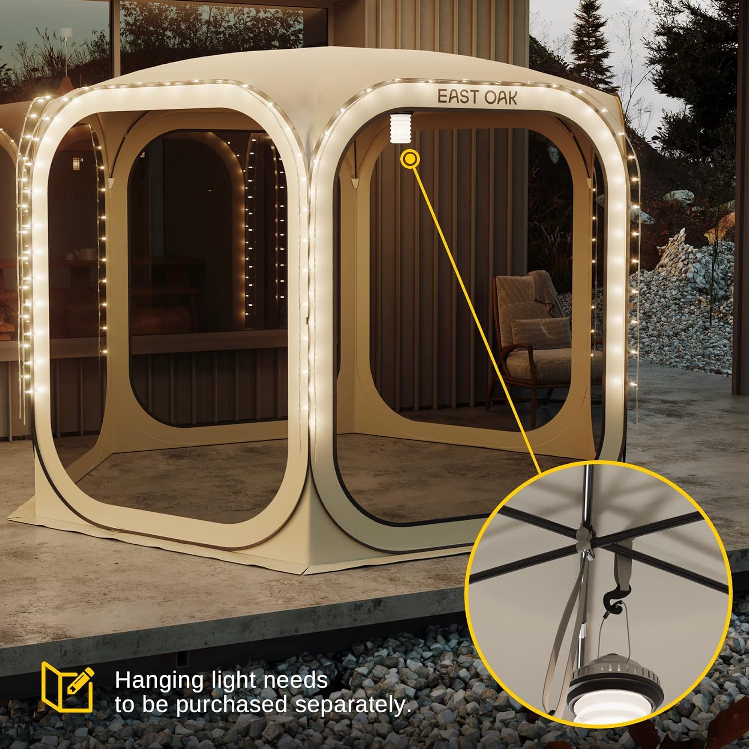 East Oak Screen House supports night use with optional lighting.