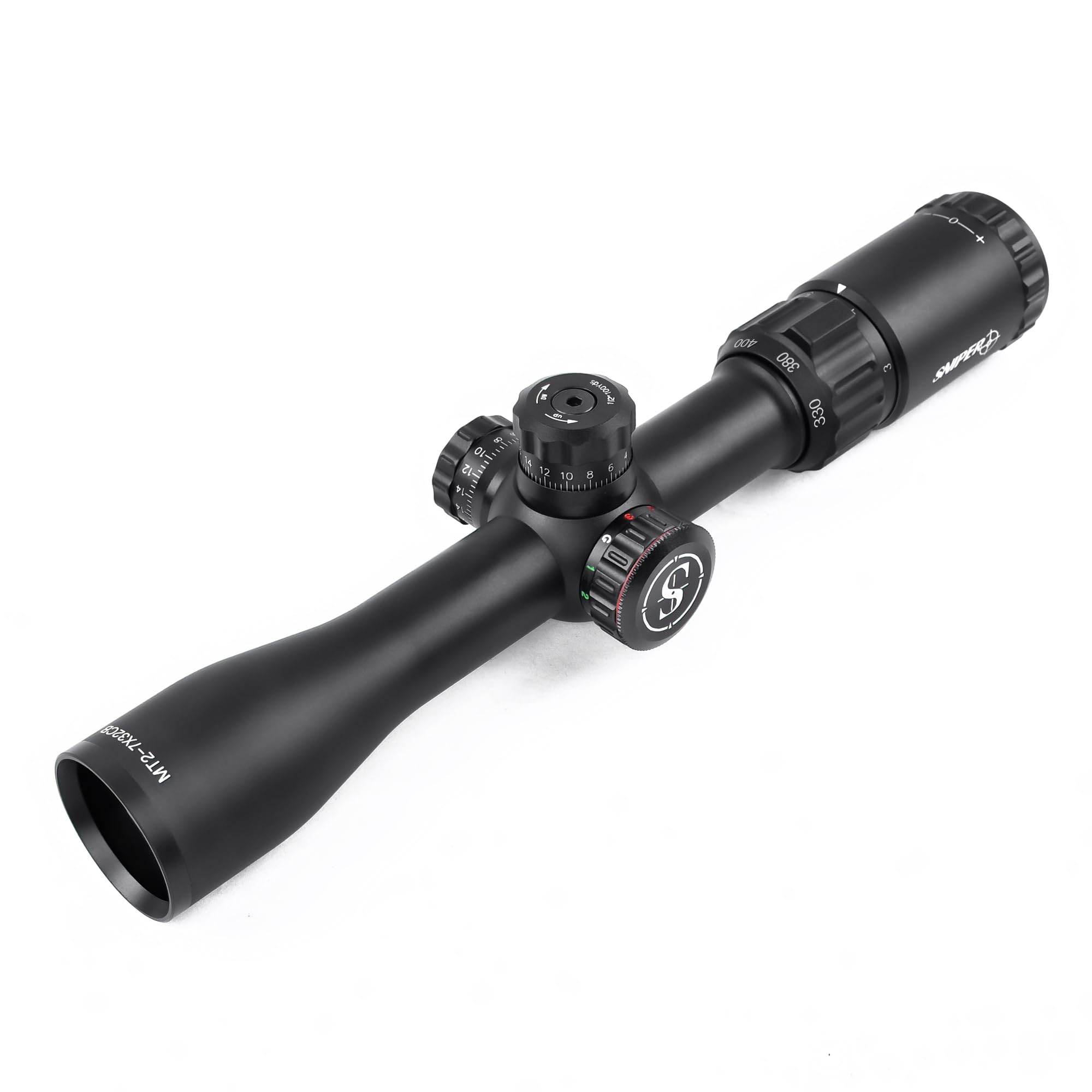 Eastern Tactical Supply crossbow scope 2-7x32 turret closeup shows precise windage and elevation adjustments.