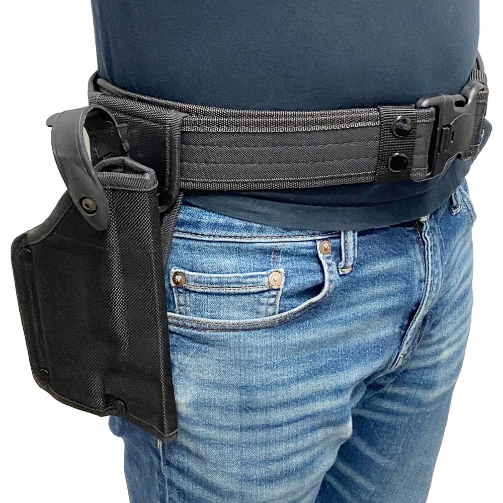 Eastern Tactical Supply belt showing customizable attachment area for pouches and flashlights