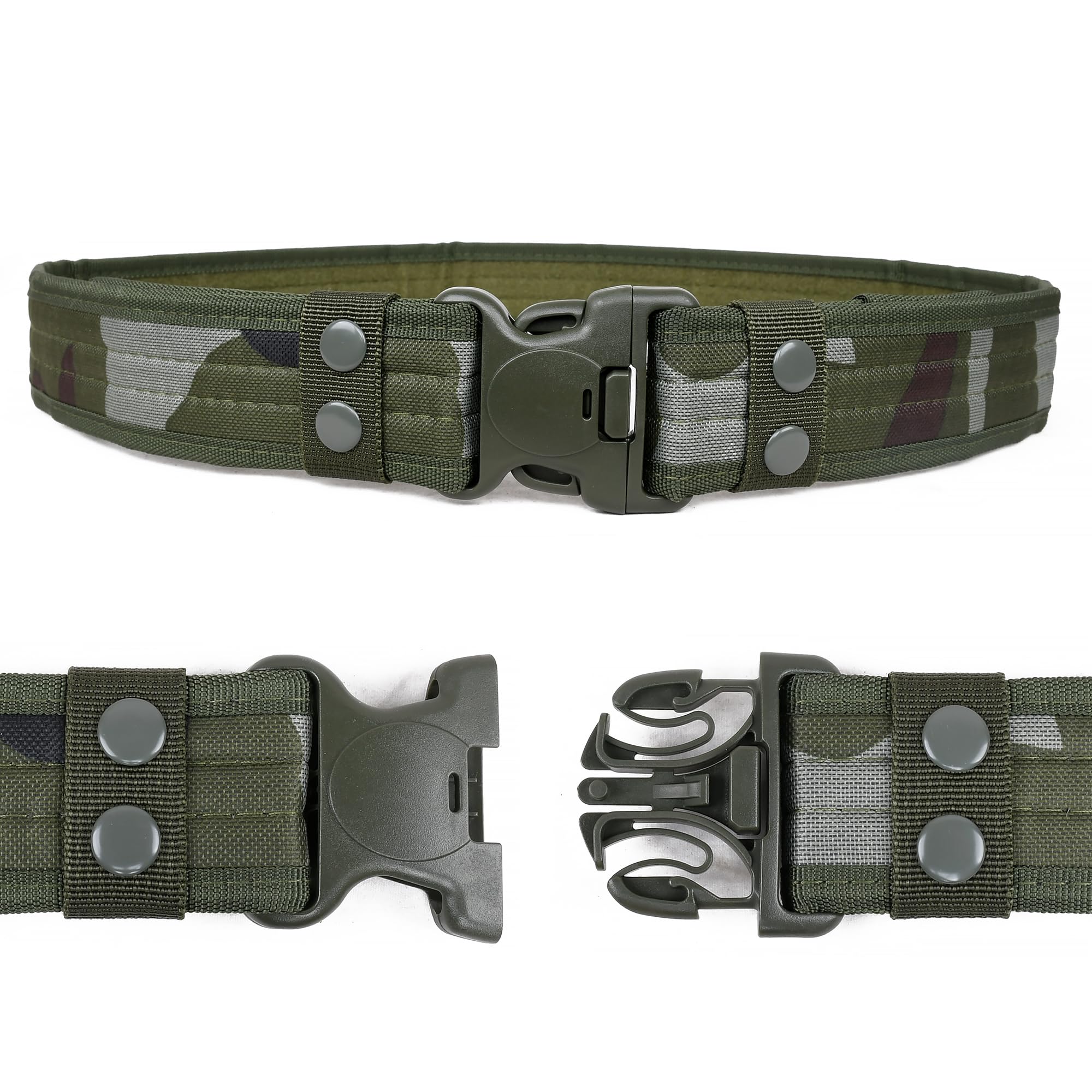 Eastern Tactical Supply Duty Belt in green camo with attachments ready for pouches.