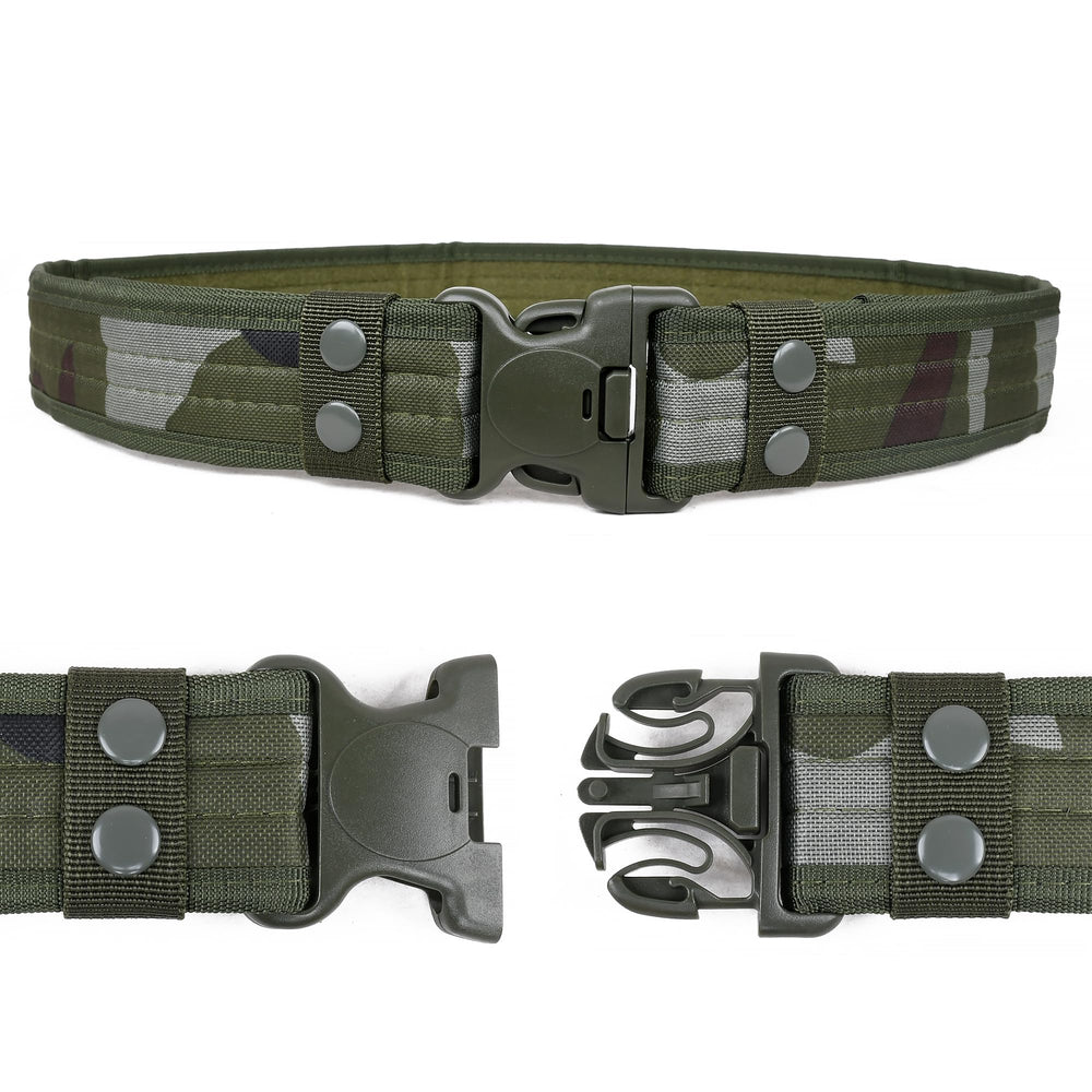 Eastern Tactical Supply Duty Belt in green camo with attachments ready for pouches.