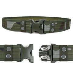 Eastern Tactical Supply Duty Belt in green camo with attachments ready for pouches.