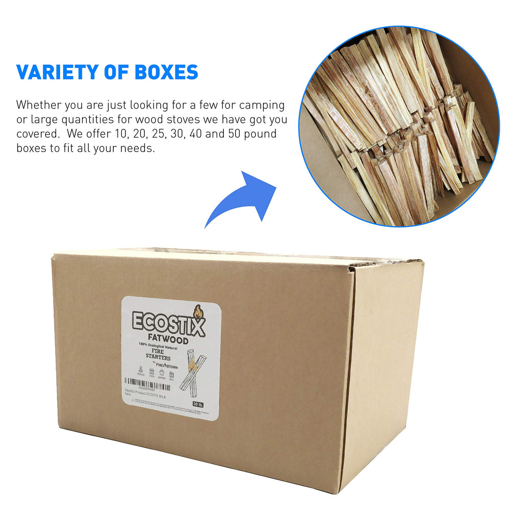 EasyGo bulk packaging showing 10 lb box of fire starters.