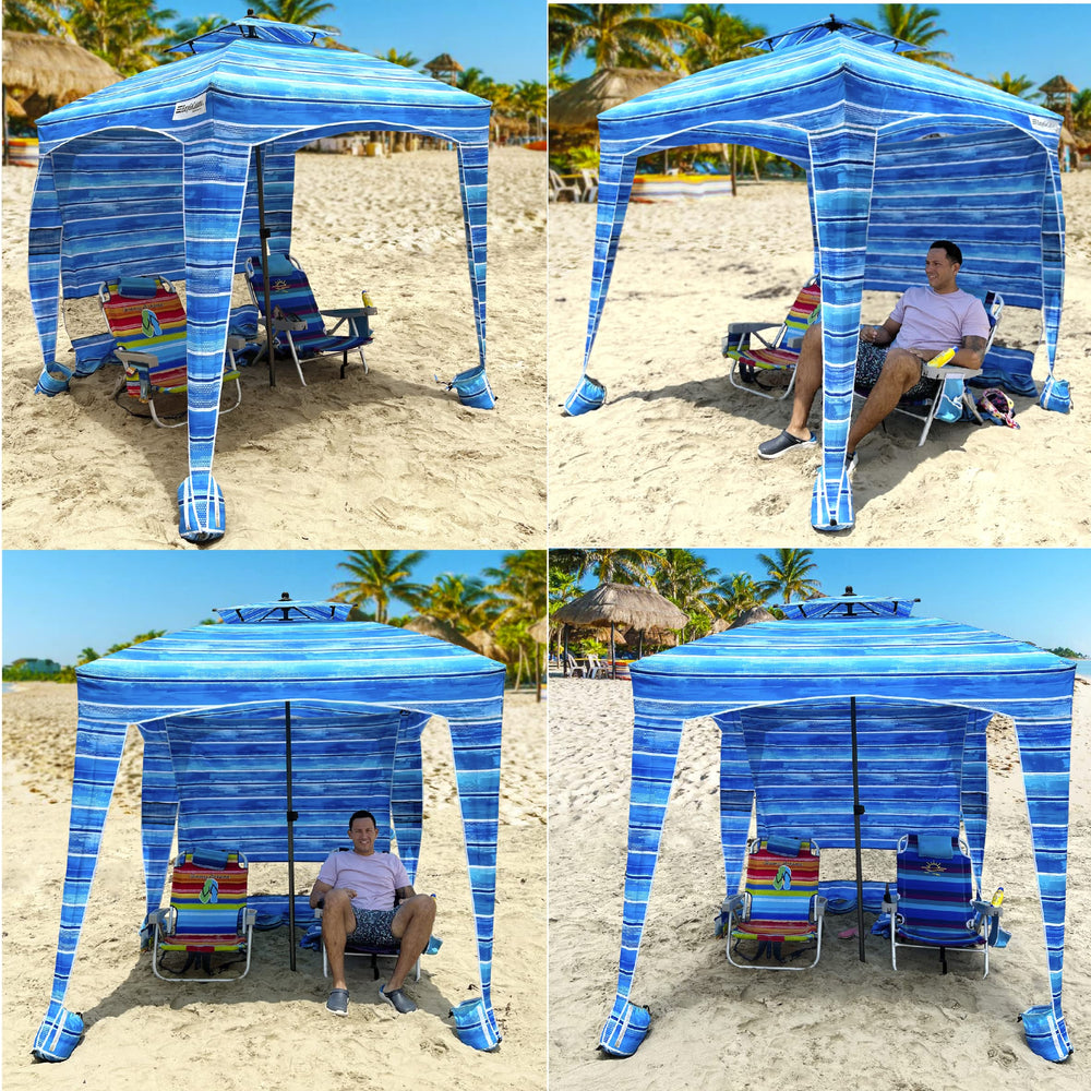 Easy Go Cabana Beach Blue outdoor dining setup with shade