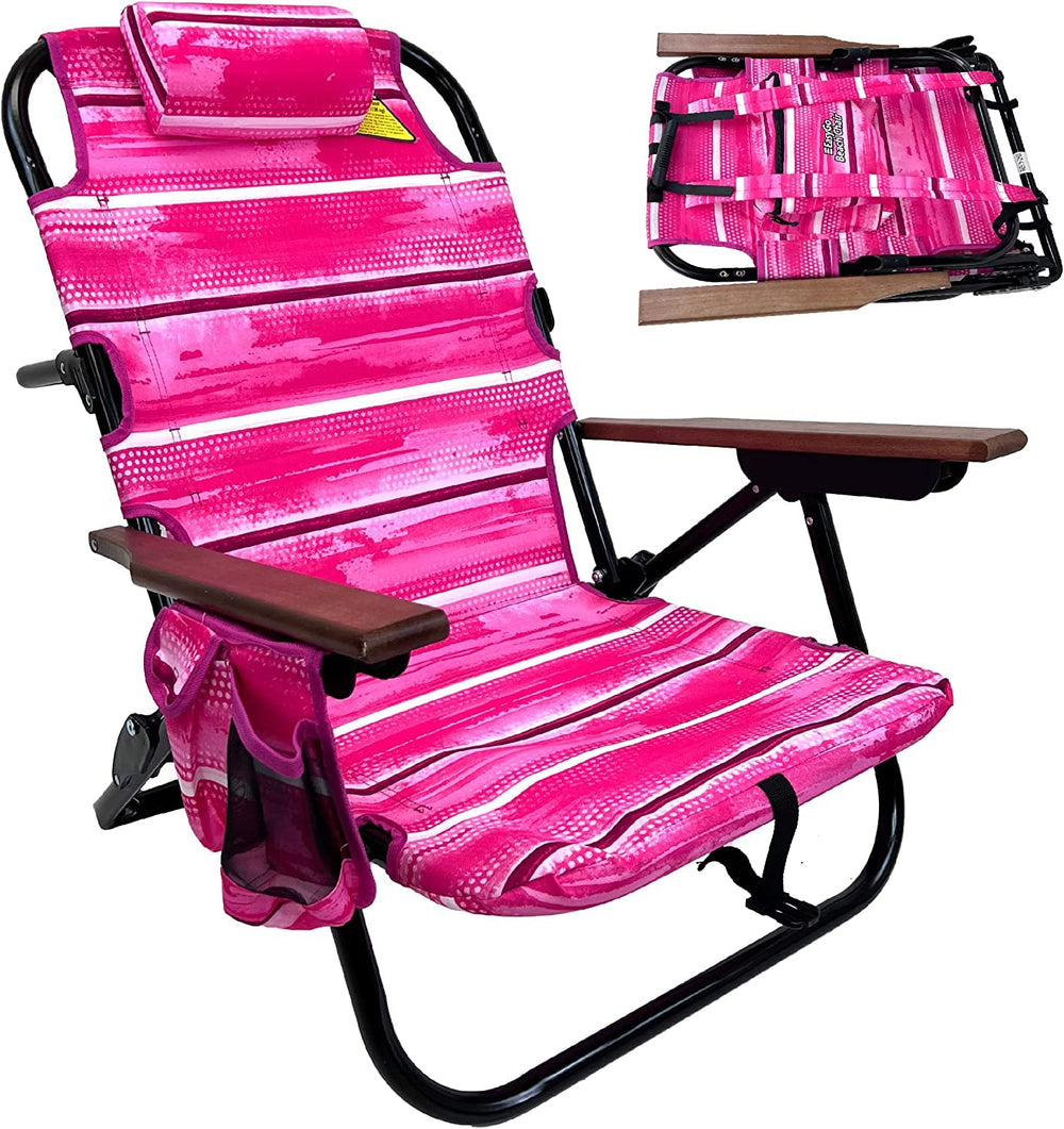 EasyGo Product backpack beach chair front view showing pink fabric and black frame for portable comfort
