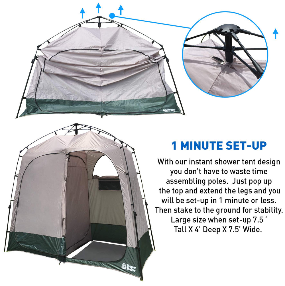 Two-door entrance of EasyGo shelter opens to reveal dual-room layout for shower and changing.