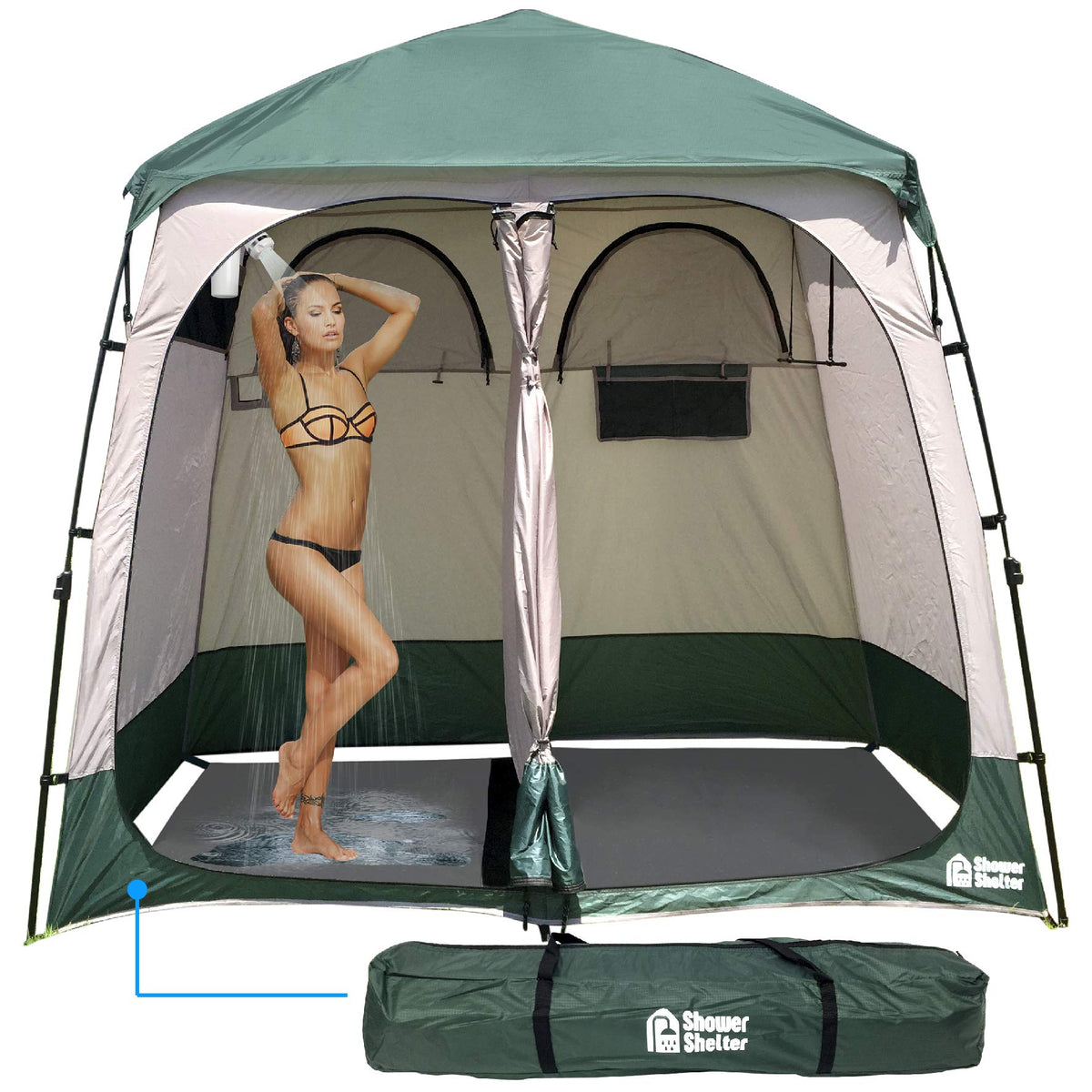 EasyGo shower shelter in green provides giant pop-up privacy for outdoor showers.