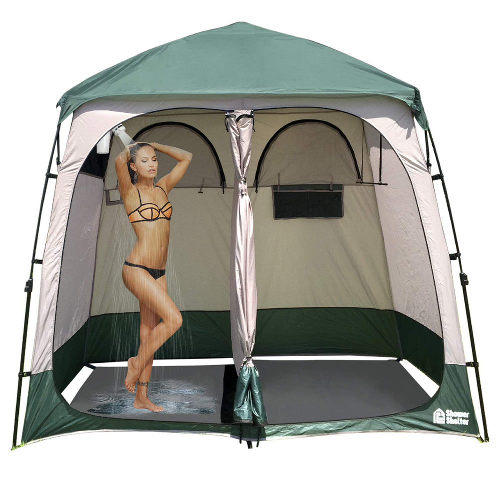 Sturdy EasyGo poles stabilizing the pop-up tent on uneven ground.