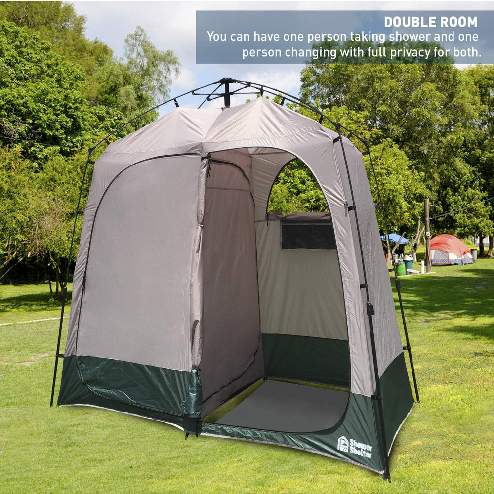Tall 7.5-foot EasyGo shelter offers standing room for dressing outdoors.