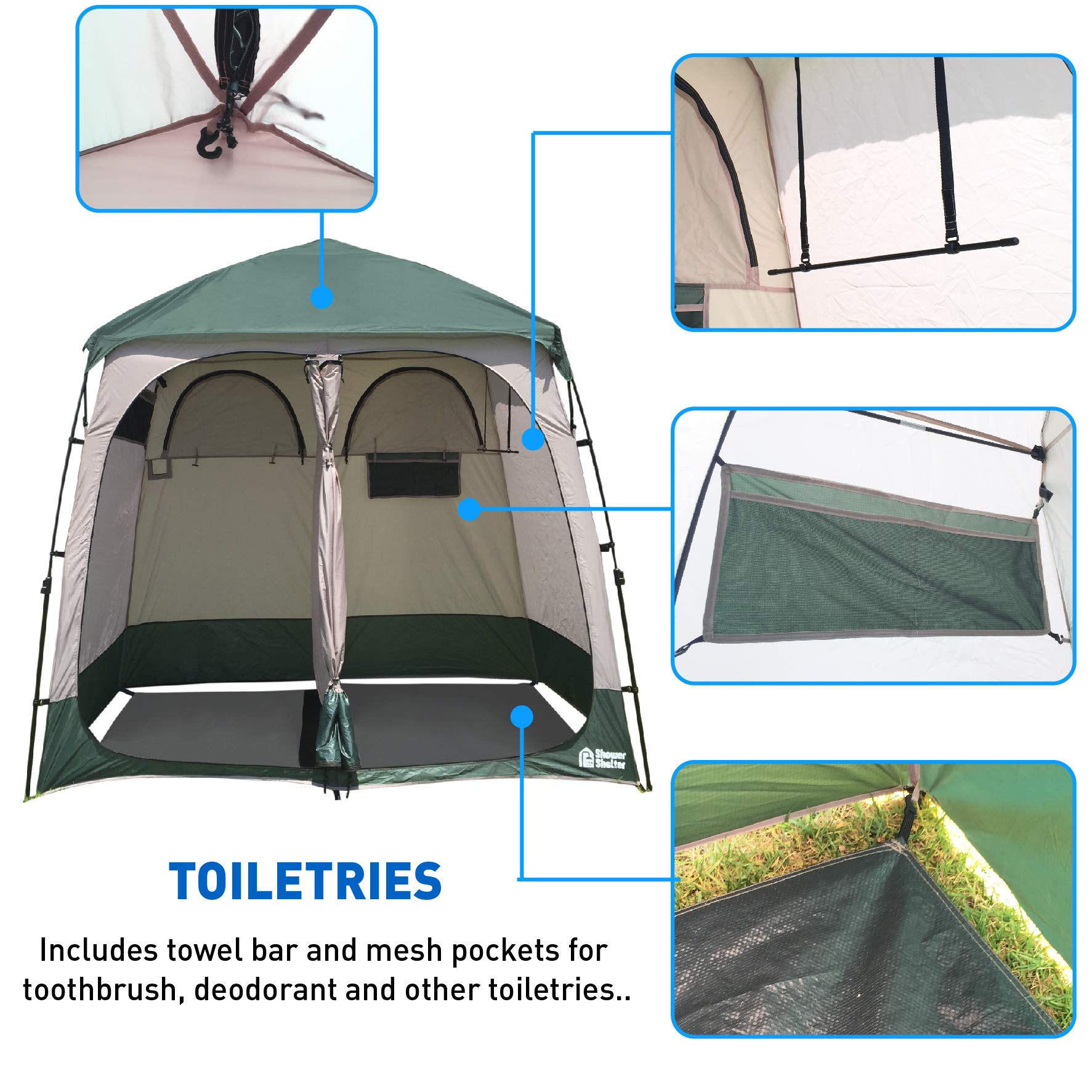 Inside view of EasyGo shower shelter showing two rooms and storage pockets.