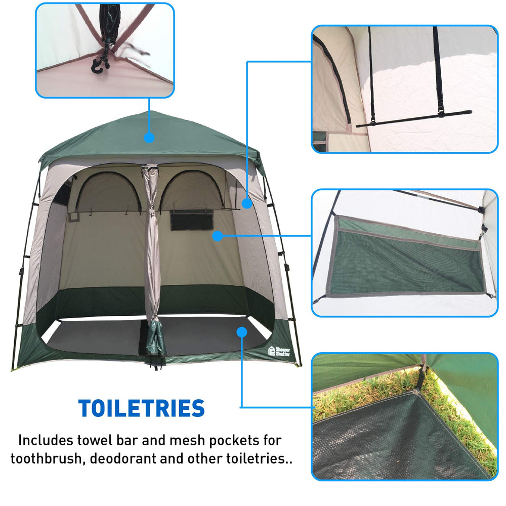 Inside view of EasyGo shower shelter showing two rooms and storage pockets.