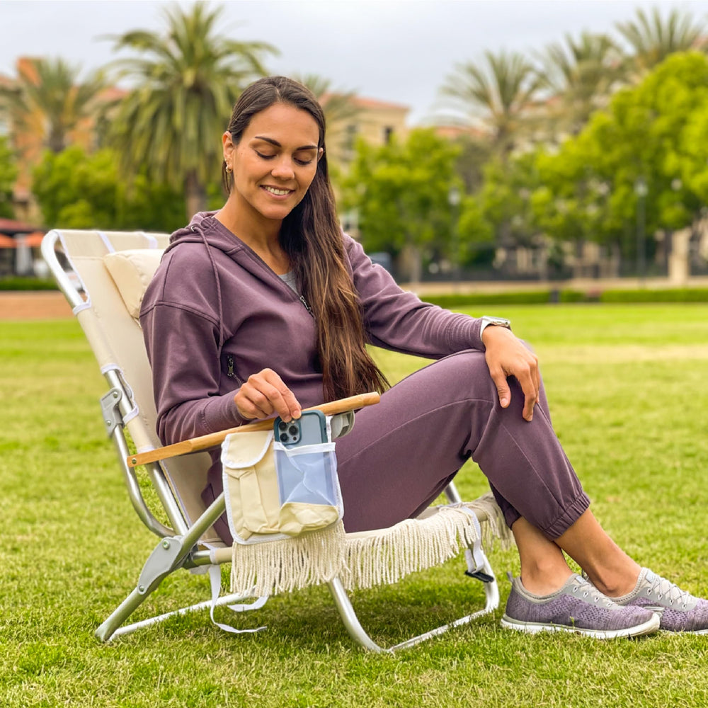 Back pocket on EasyGo Tassel Beach Chair secures essentials