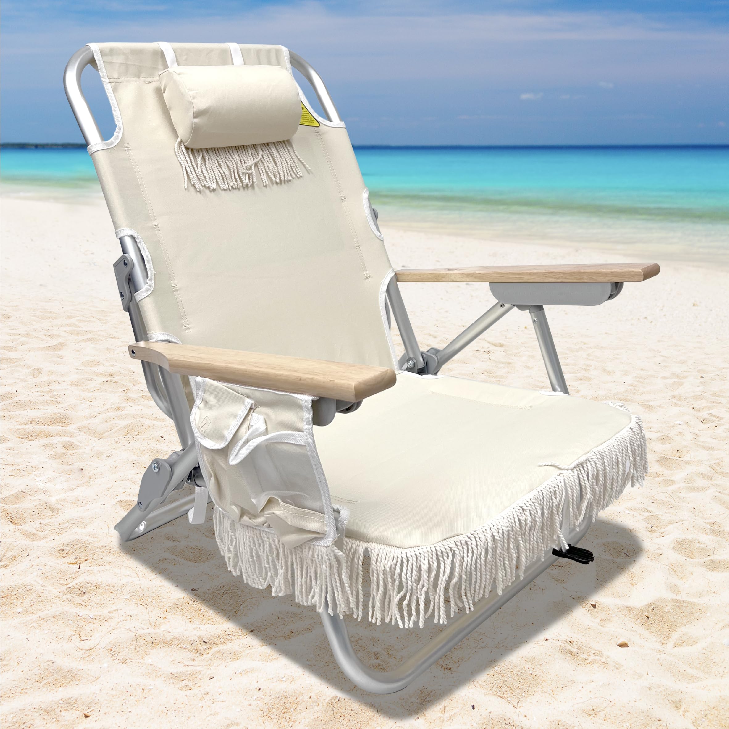 Open dimensions of EasyGo Tassel Beach Chair show roomy seating footprint