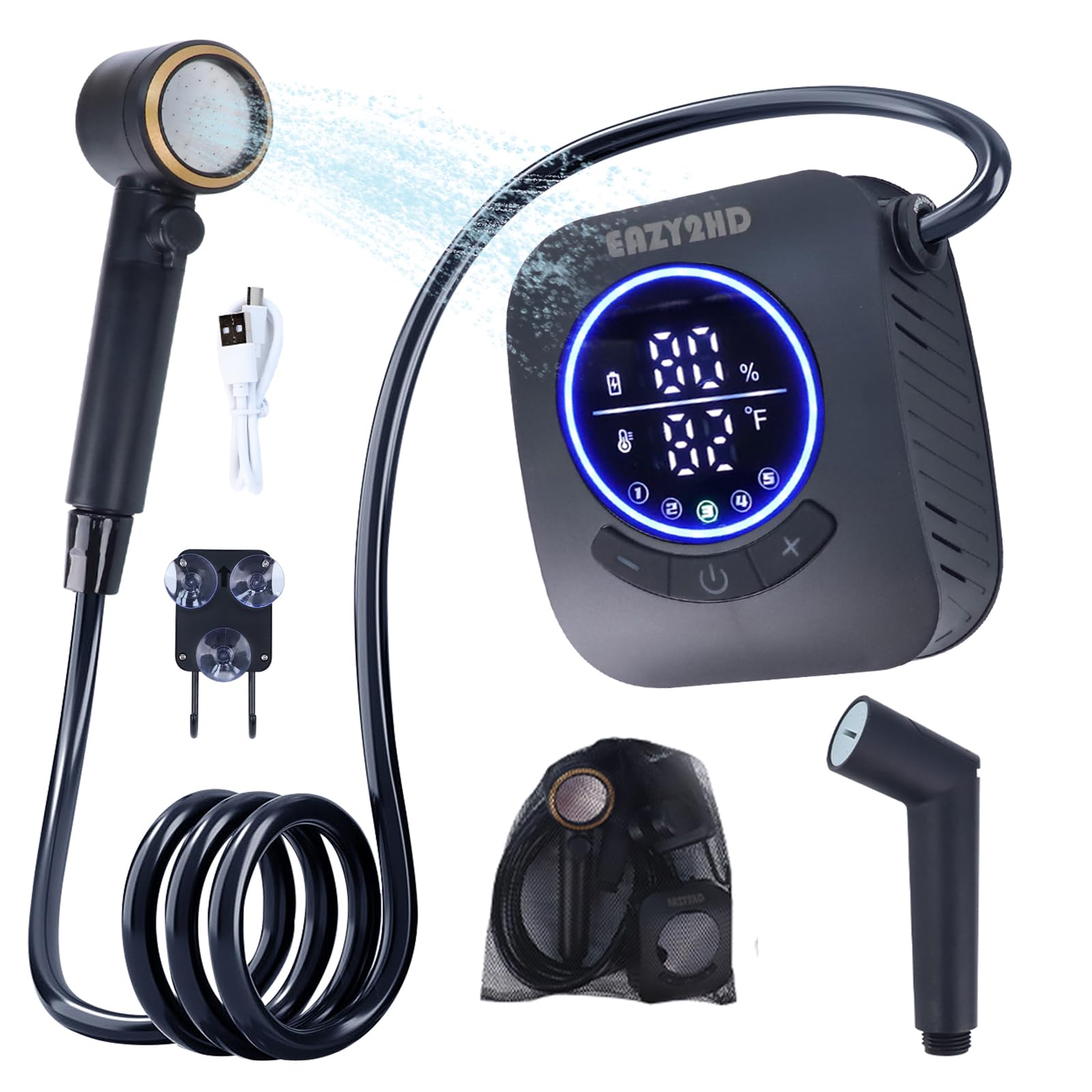 Eazy2hD portable camping shower with 8000mAh battery for extended outdoor showers