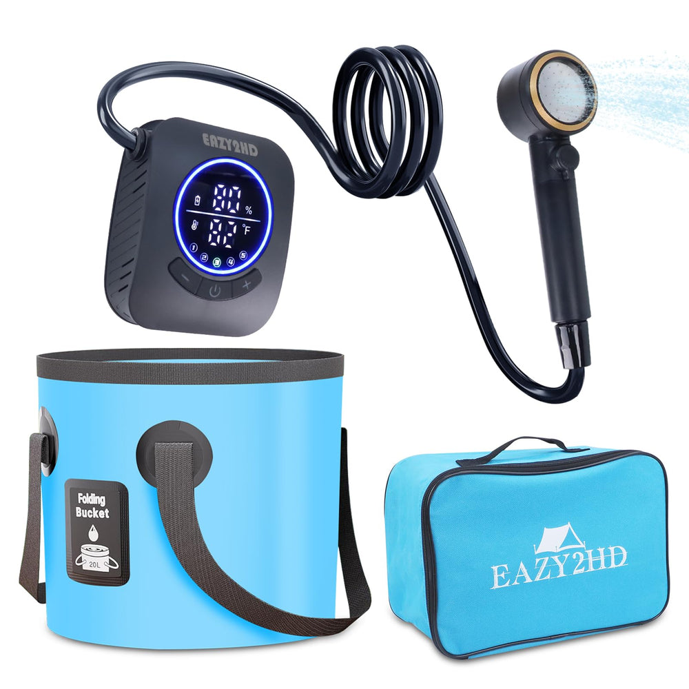 Eazy2hD portable camping shower pump shows compact design for quick setup
