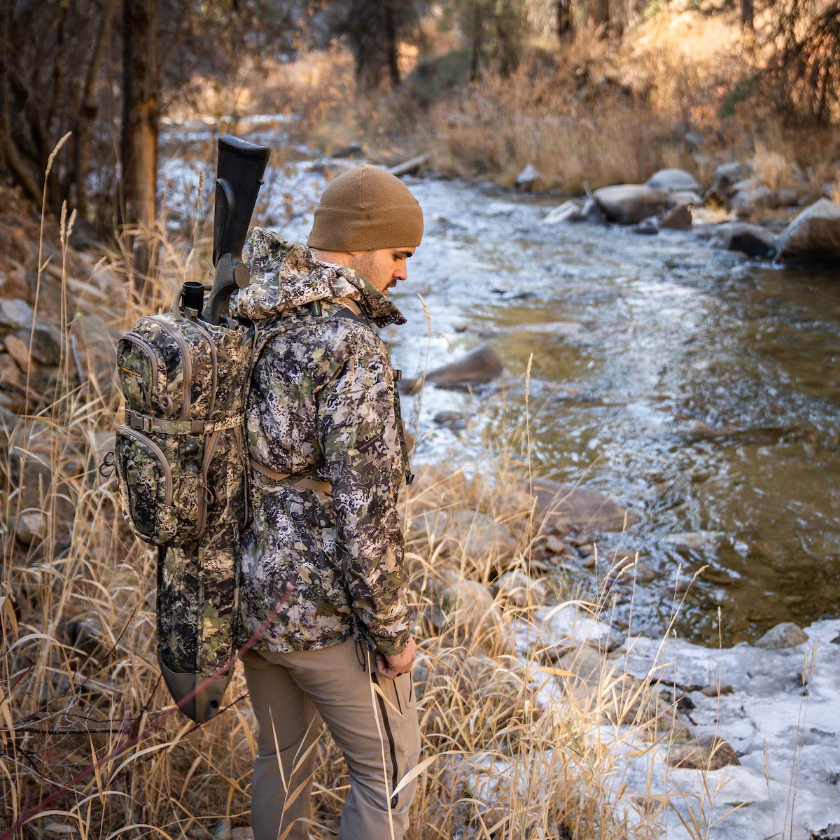 Eberlestock Bolt Sniper Skye closeup highlights durable straps and rugged construction.