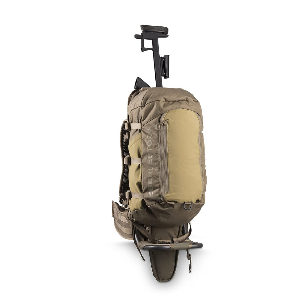 Eberlestock Side Scabbard Bolt Sniper Skye in-pack view shows tunnel pocket integration.