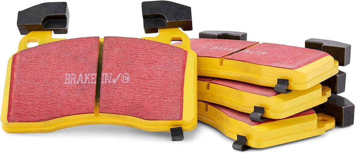 EBC Yellowstuff brake pad front view highlights high-friction surface for strong stopping power.