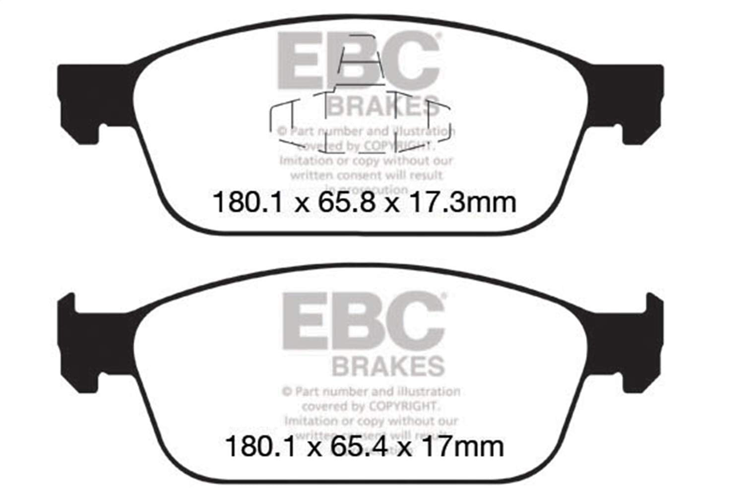 EBC Yellowstuff 4000 side view brake pad, synthetic compound minimizes rotor wear and dust residue.