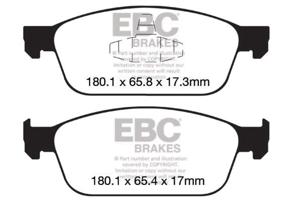 EBC Yellowstuff 4000 side view brake pad, synthetic compound minimizes rotor wear and dust residue.