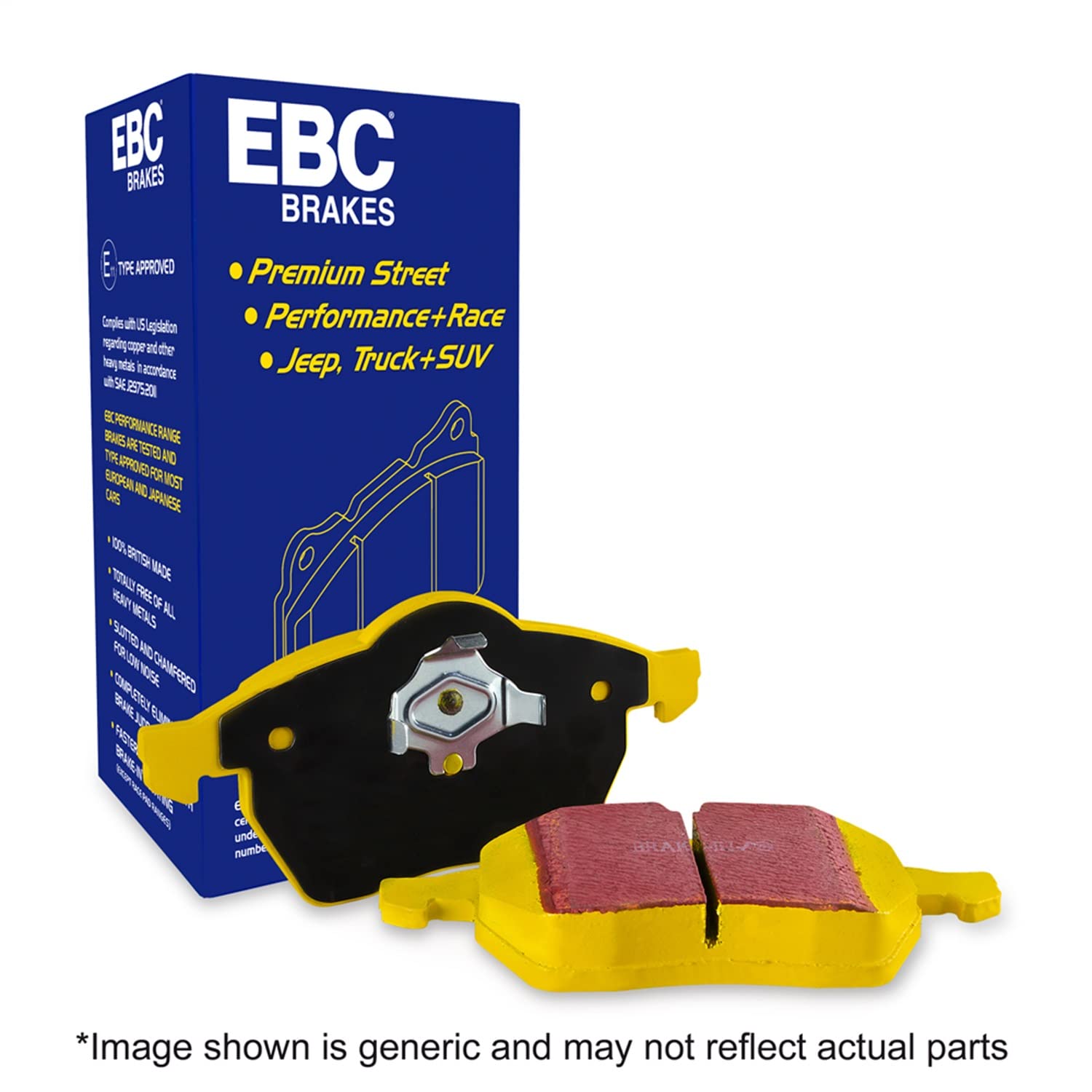 EBC Yellowstuff brake pad in packaging showcases ready-to-install performance for trucks and cars.