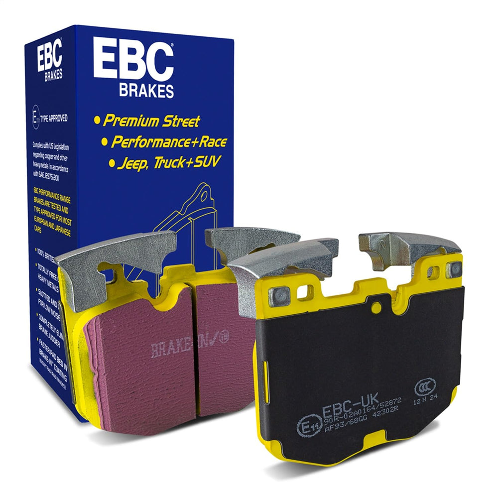 EBC Yellowstuff brake pad top view highlighting high-friction compound for strong stopping power.