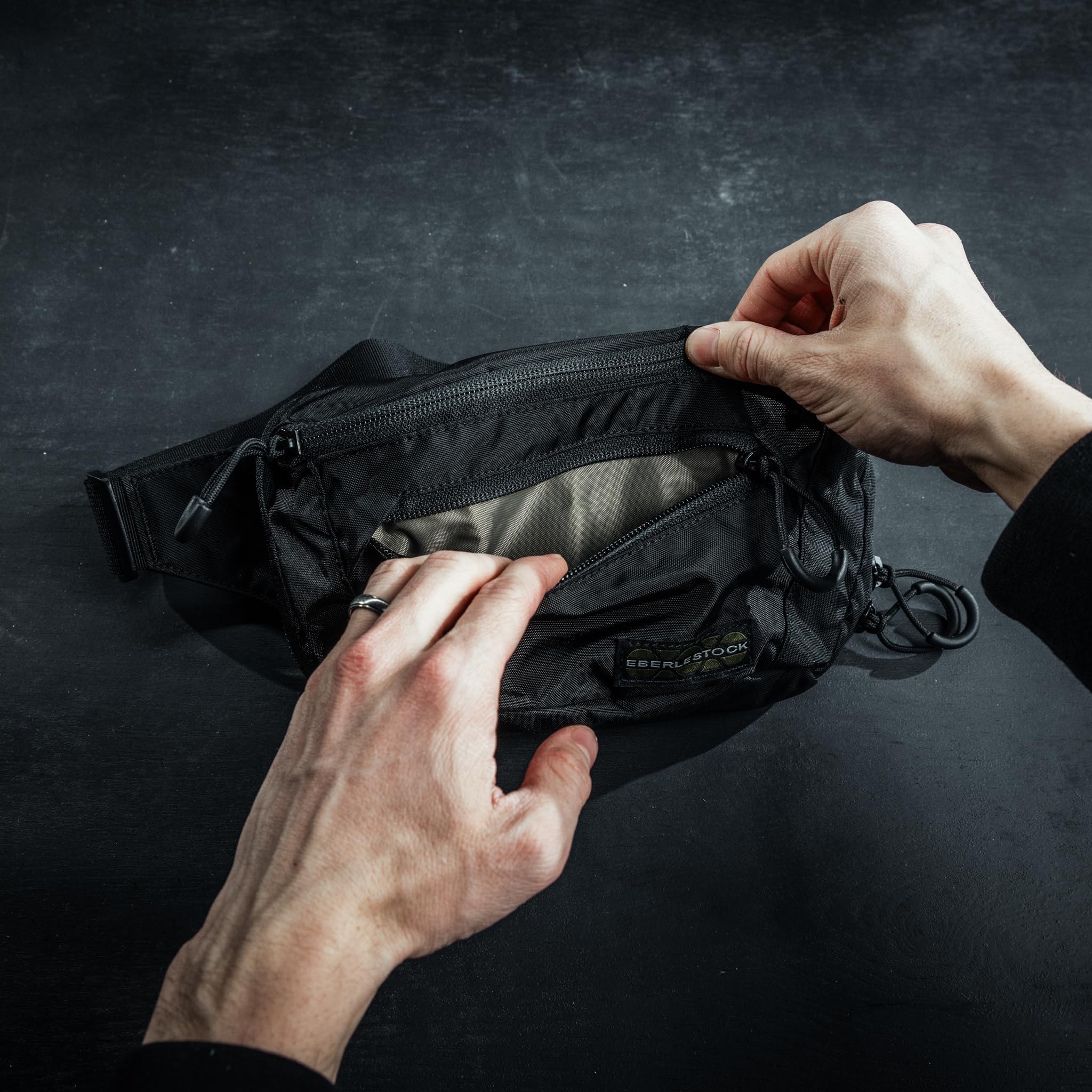 Eberlestock Bando Bag adjustable waist belt provides comfortable fit during activity.