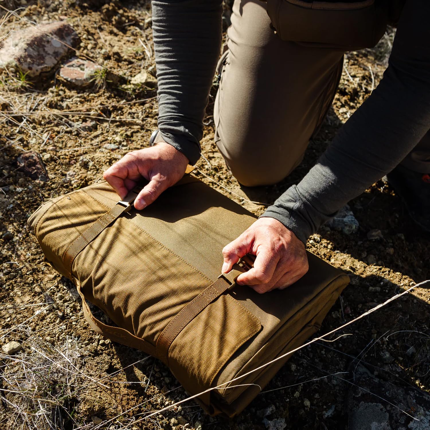 Dirt Nap mat in coyote color blends into outdoors