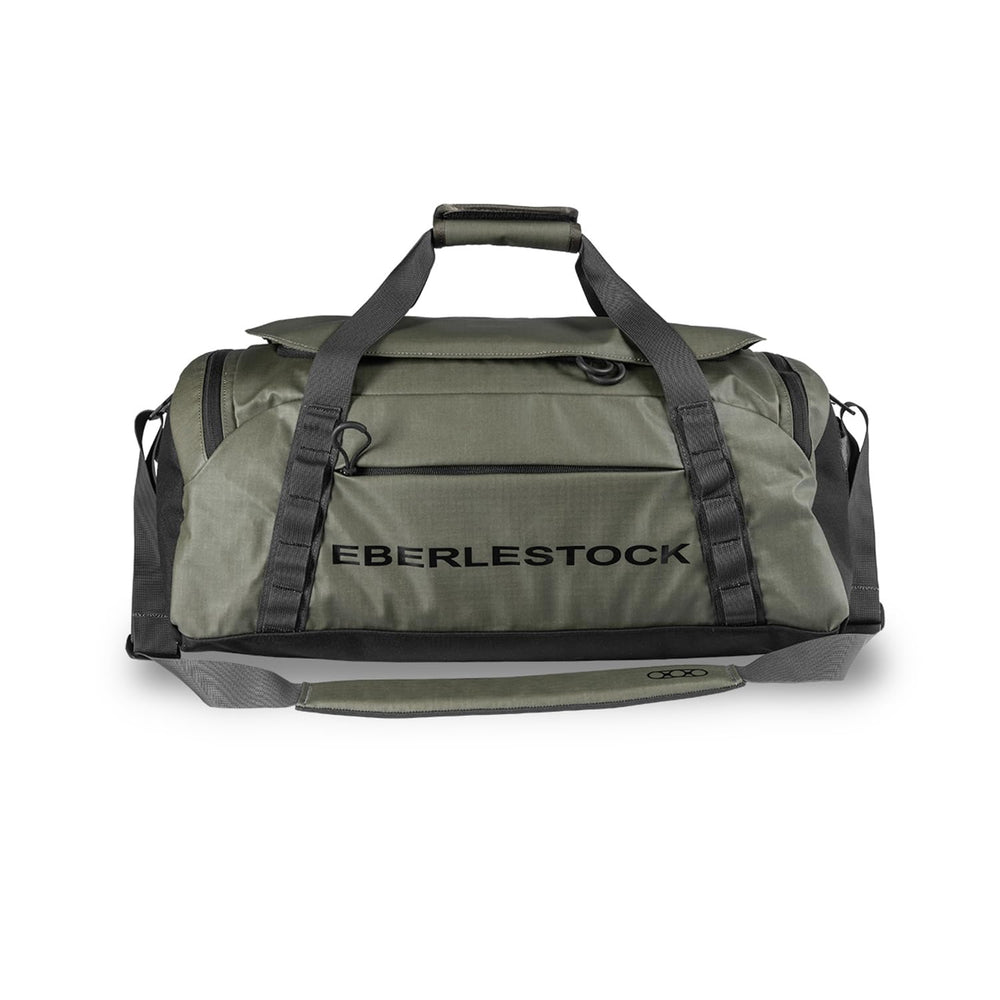 Eberlestock Hyllus Duffel bag side profile shows durable 1000D fabric for travel.