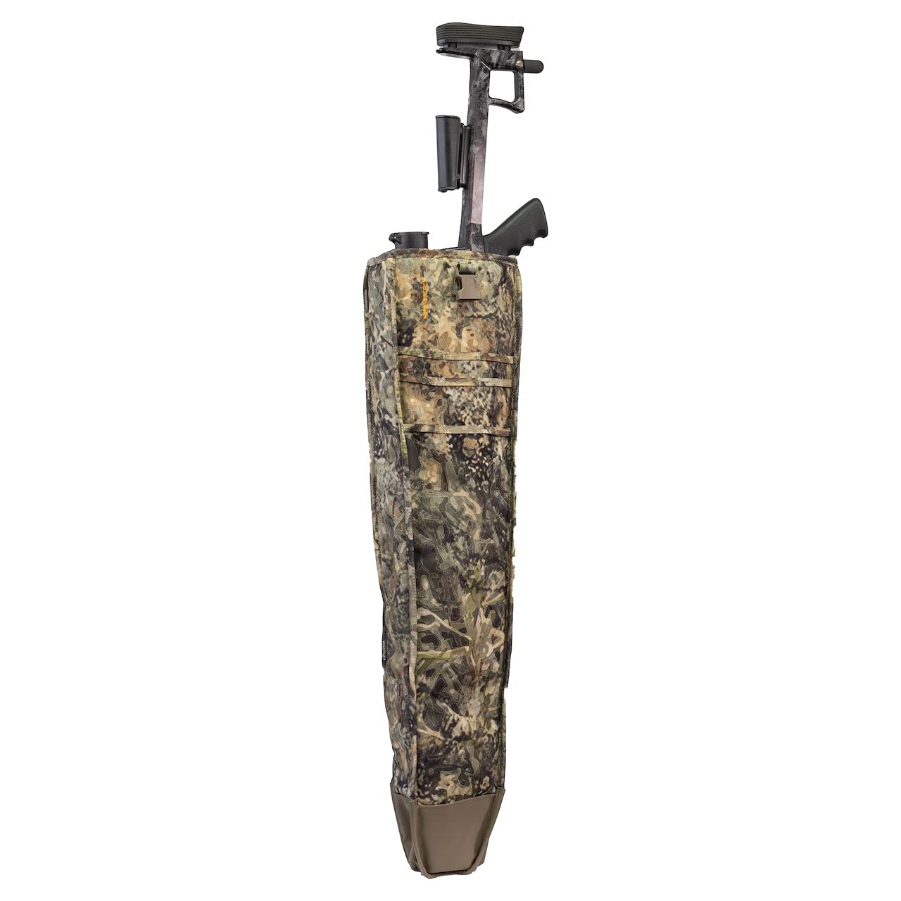 Eberlestock Side Scabbard Bolt Sniper Mirage mounted on pack side for quick rifle access.