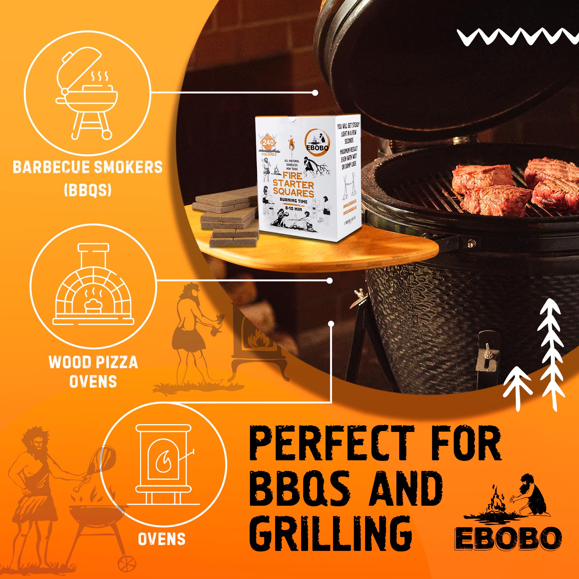 EBOBO cubes ignite charcoal and briquettes quickly.