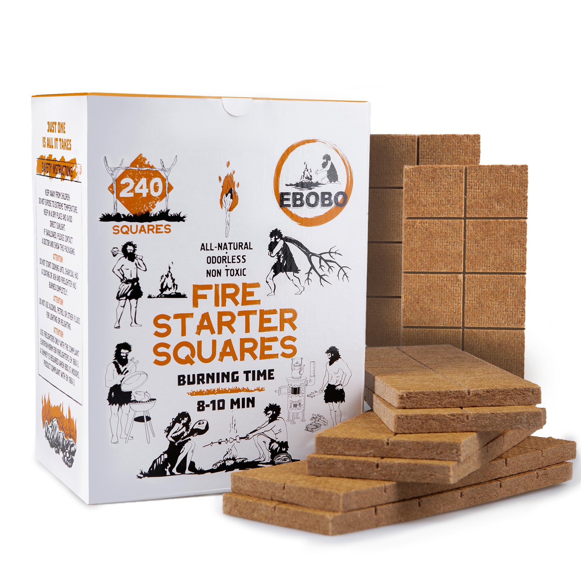 EBOBO fire starter cubes pack demonstrates ready-to-use ignition for grills and campfires.