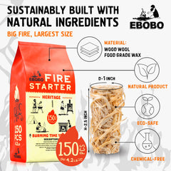 EBOBO fire starters wood-wool rolls close-up showing eco-friendly composition.