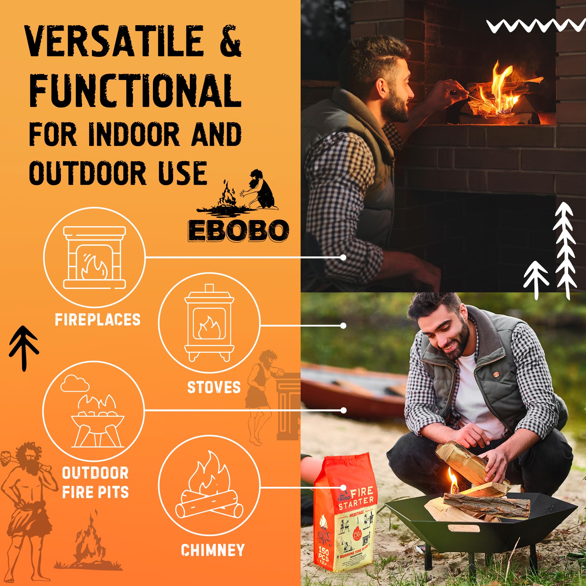 EBOBO fireplace ignition with wood stove use, clean burning.