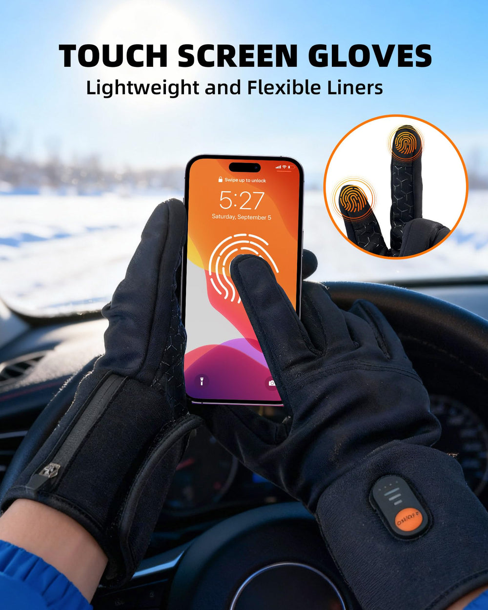 EBOSSOM heated glove liners battery compartment and charging, highlighting rechargeable energy for extended warmth.