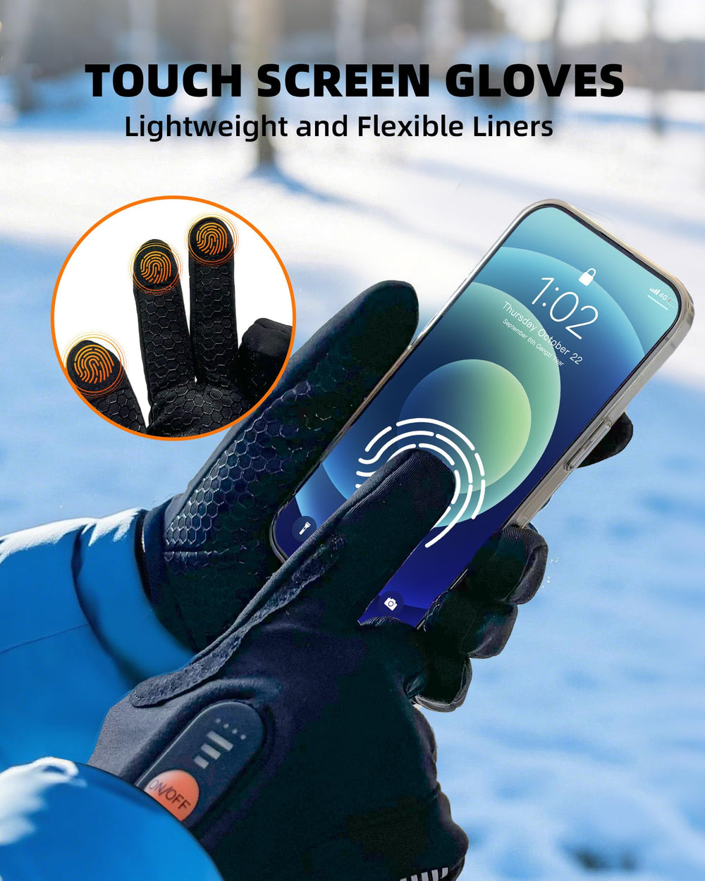 EBOSSOM heated glove liners powered by rechargeable battery with indicator light.