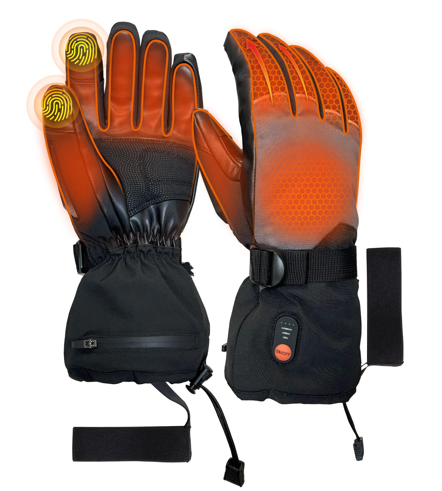 EBOSSOM heated gloves front view with full-coverage heat for warm fingers in cold weather
