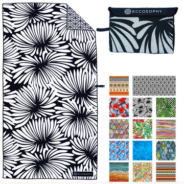 ECCOSOPHY Lovina microfiber beach towel laid flat for lounging and quick-dry use.