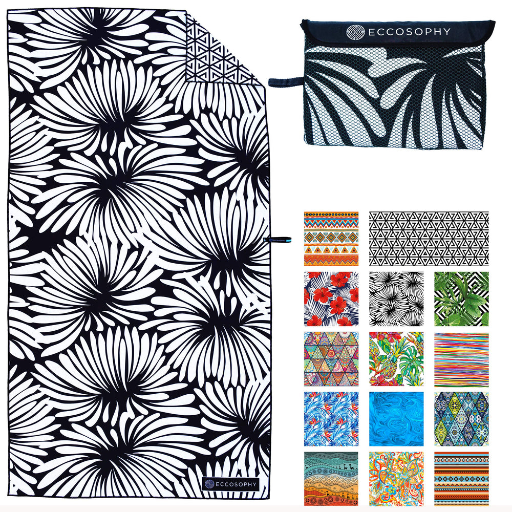 ECCOSOPHY Lovina microfiber beach towel laid flat for lounging and quick-dry use.