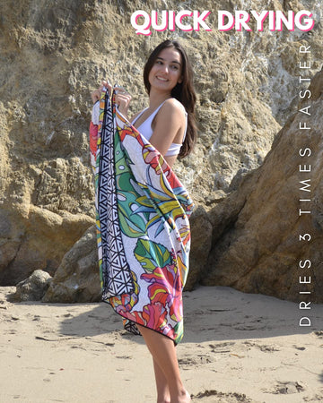 ECCOSOPHY microfiber beach towel double-sided design adds color and versatility.
