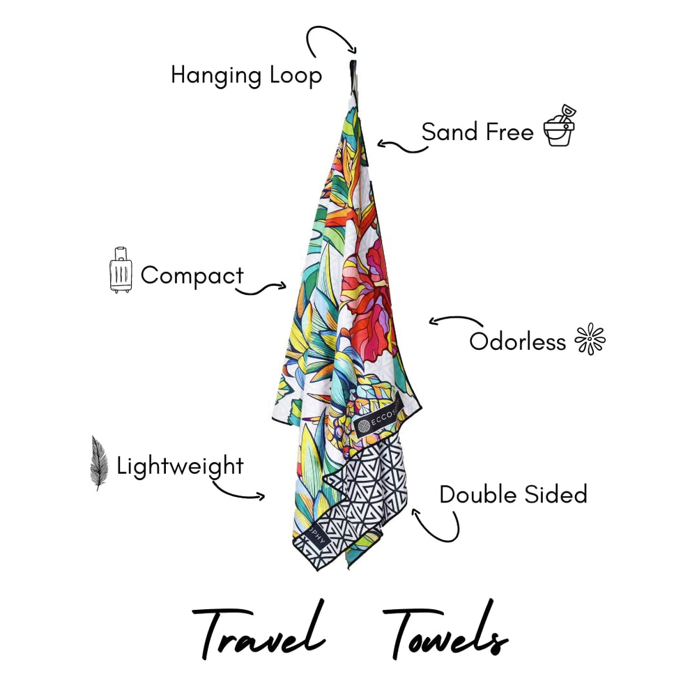 ECCOSOPHY microfiber beach towel oversized yet portable in a travel pouch.