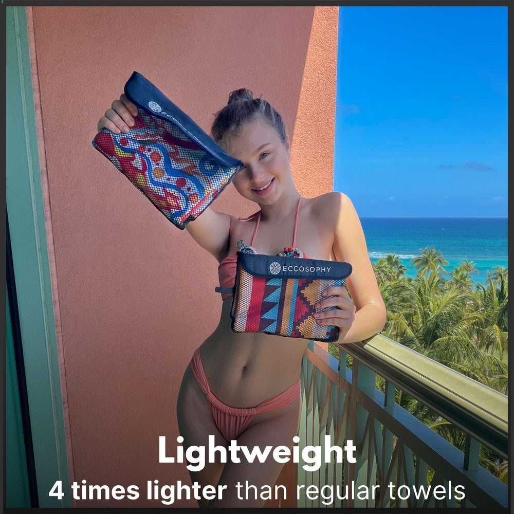 ECCOSOPHY travel towel packs into its pouch for easy packing.