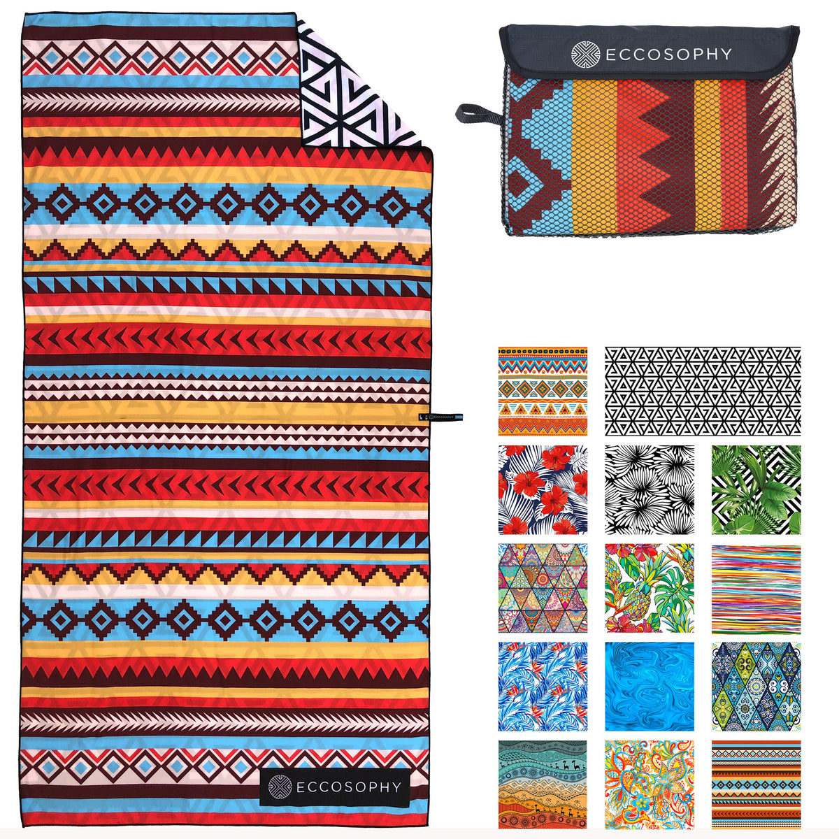 ECCOSOPHY microfiber beach towel with sand-free surface for clean beach days.