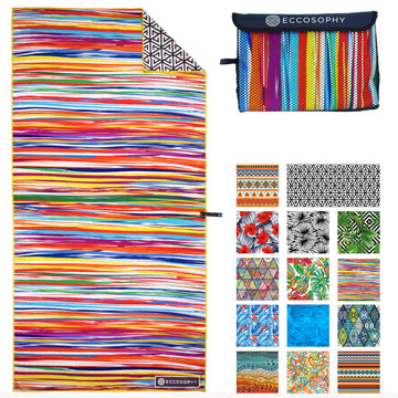 ECCOSOPHY microfiber beach towel sand-free upper view shows clean travel-ready quality.