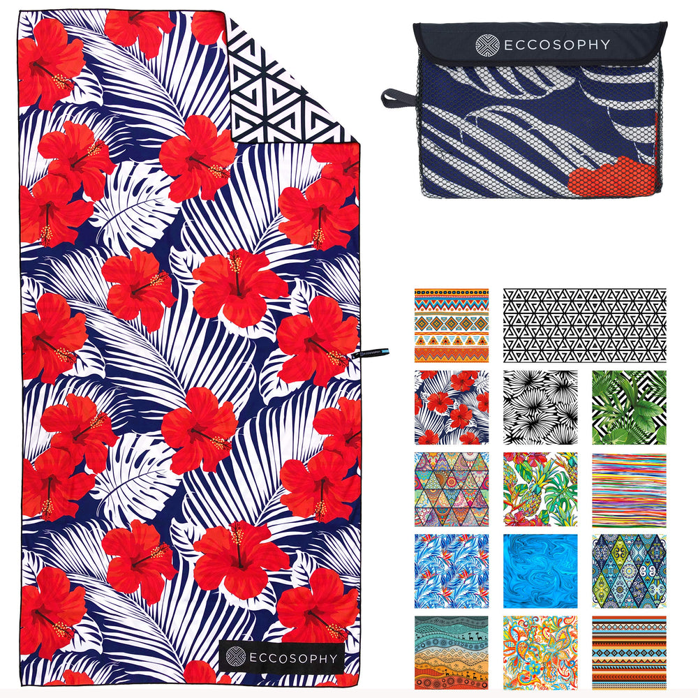 ECCOSOPHY microfiber beach towel sand-free surface with quick-dry performance for travel.