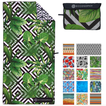 ECCOSOPHY microfiber beach towel demonstrates sand-free comfort at the shore.