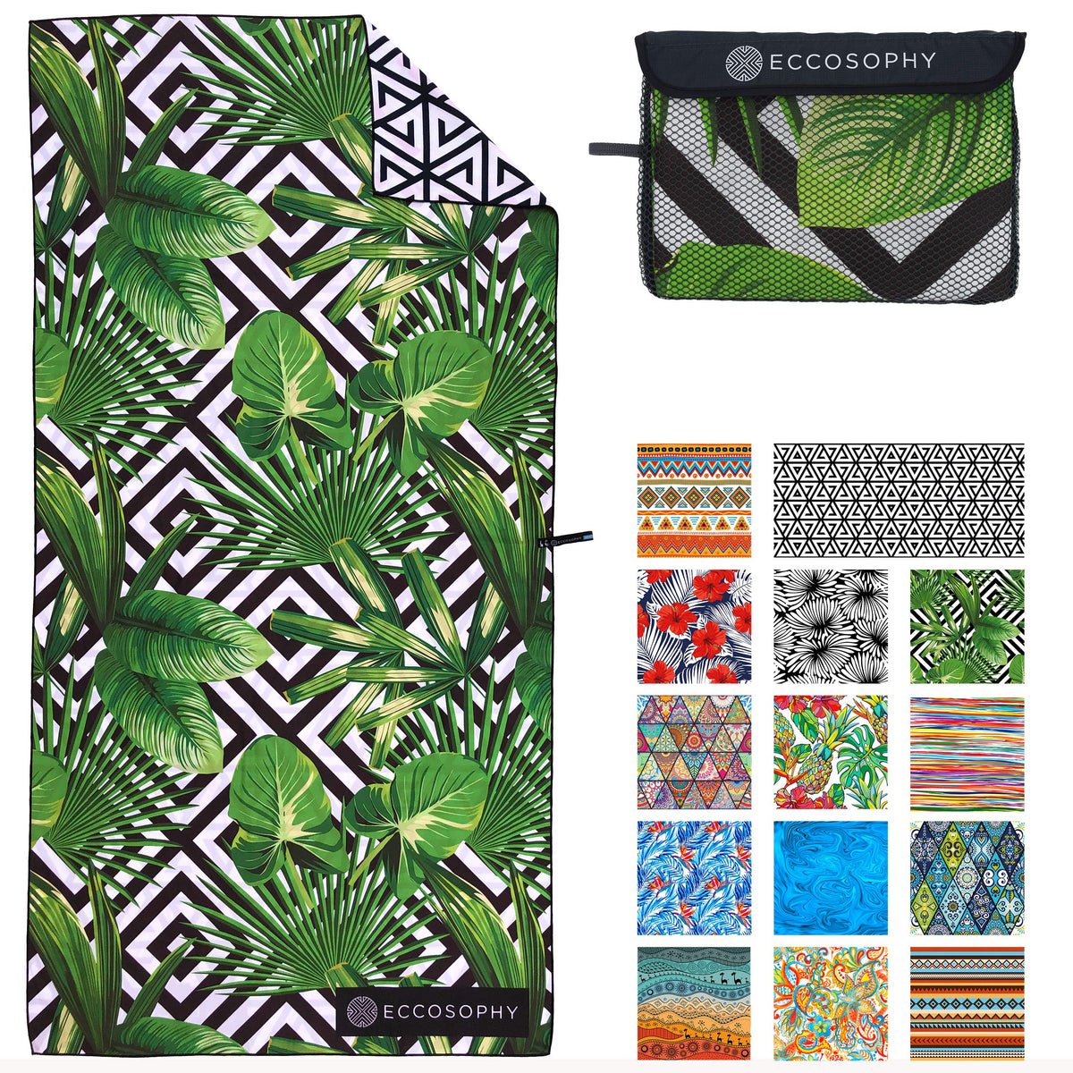 ECCOSOPHY microfiber beach towel demonstrates sand-free comfort at the shore.