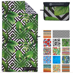 ECCOSOPHY microfiber beach towel demonstrates sand-free comfort at the shore.